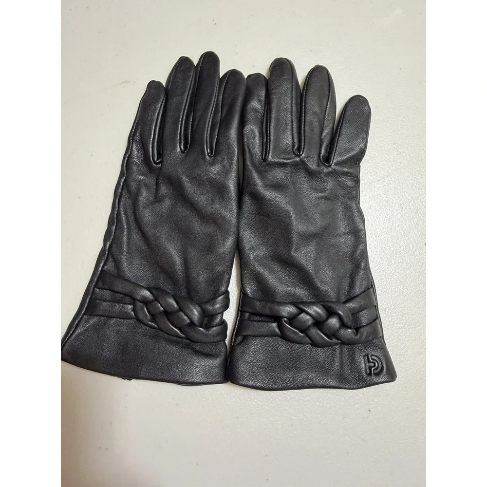 NWT Cole Haan Women's Braided-Cuff Leather Gloves Large Black